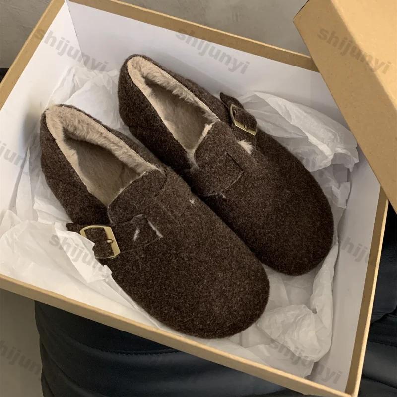 Fashion Winter Retro Thicken Plush Warm Shoes Women New Faux Suede Warm Cotton Single Shoes Woman Thick Sole Non Slip Cotton Padded Shoe
