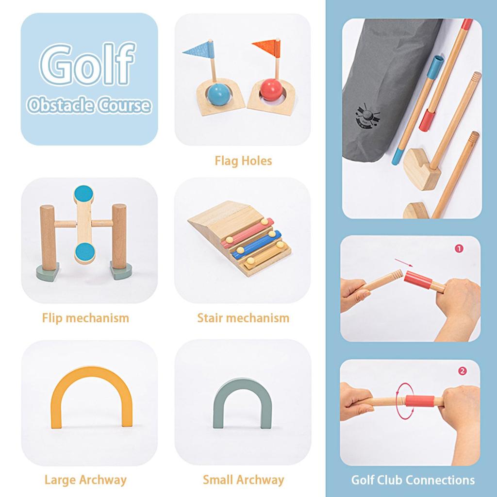 UMU 15-Piece Wooden Mini Golf Set with Obstacles, Balls, Clubs, and Accessories, Suitable for Indoor and Outdoor Play, Montessori-Style Educational