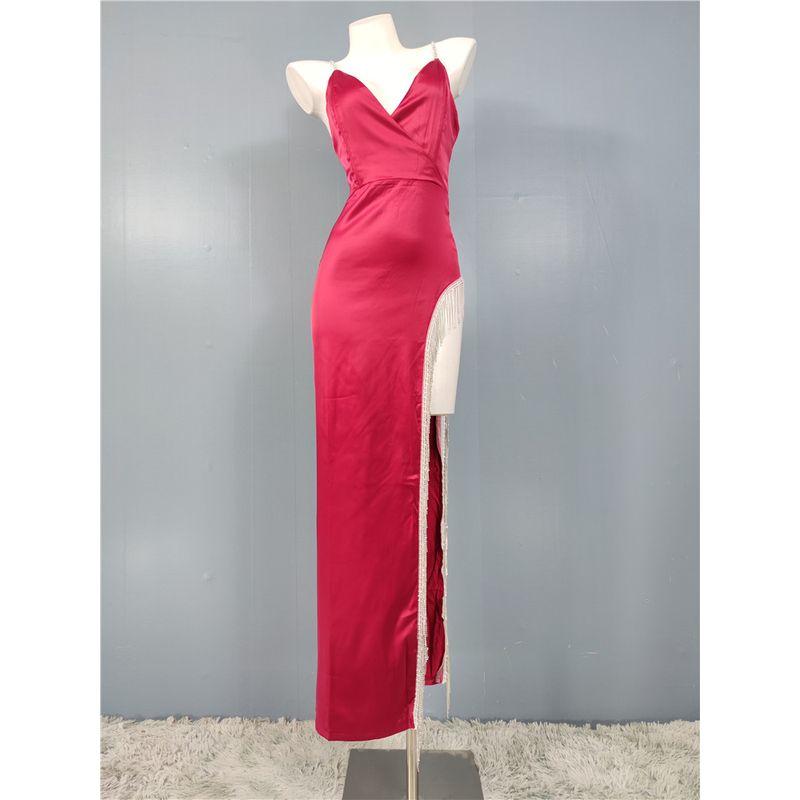 

Export Gas Field Sling Diamond Decorations Shiny Tassel Side Slit Sexy Figure Dress Cheongsam Long Dress Dress Rose Red XL