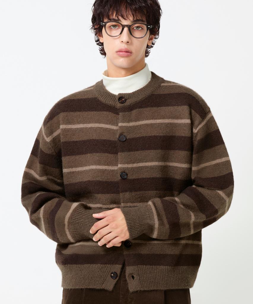 TRILLION Washable Hairy Striped Button Cardigan Knit_Brown