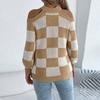 Damen Lässiger Schulterfreier Kontrastierender Karomuster Langarmpullover