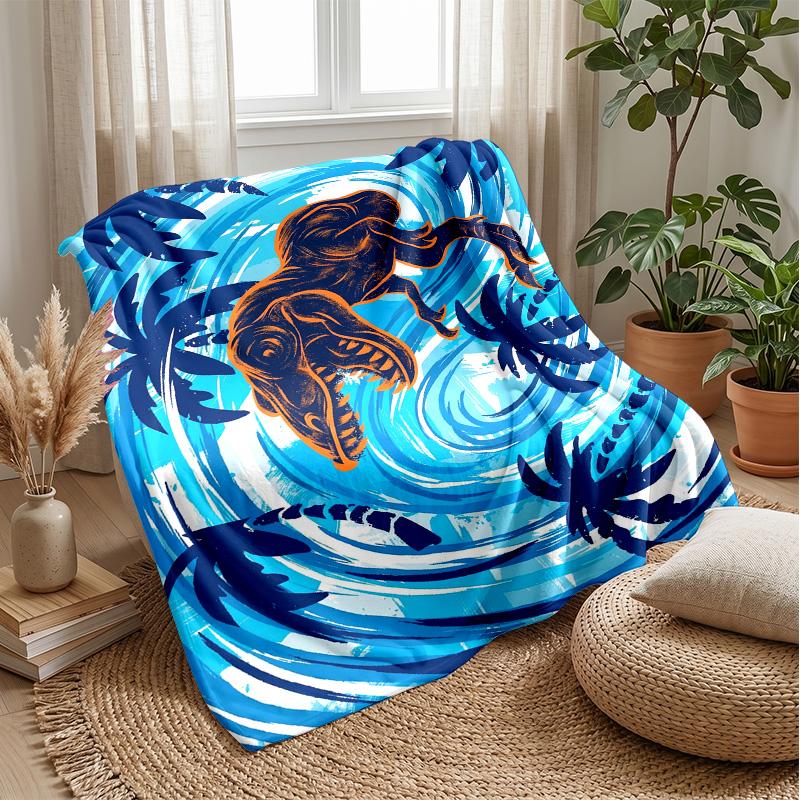 Surfing Dinosaur Wave Theme Blanket Lightweight Warm Flannel Blanket Decorative Throw Blanket for Home Decoration