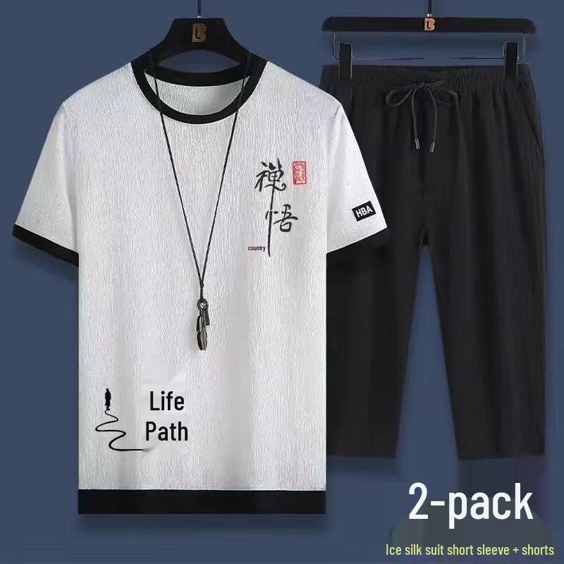 

Мужской летний свободный повседневный комплект из двух предметов из ледяного шелка: Футболка с коротким рукавом и укороченные брюки 4XL