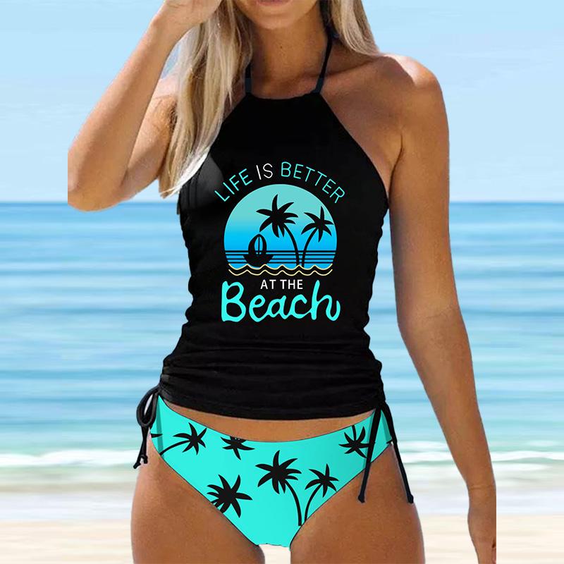 Costume da bagno da donna con scollo all'americana, stampa di crisantemi multicolori, bikini, tankini