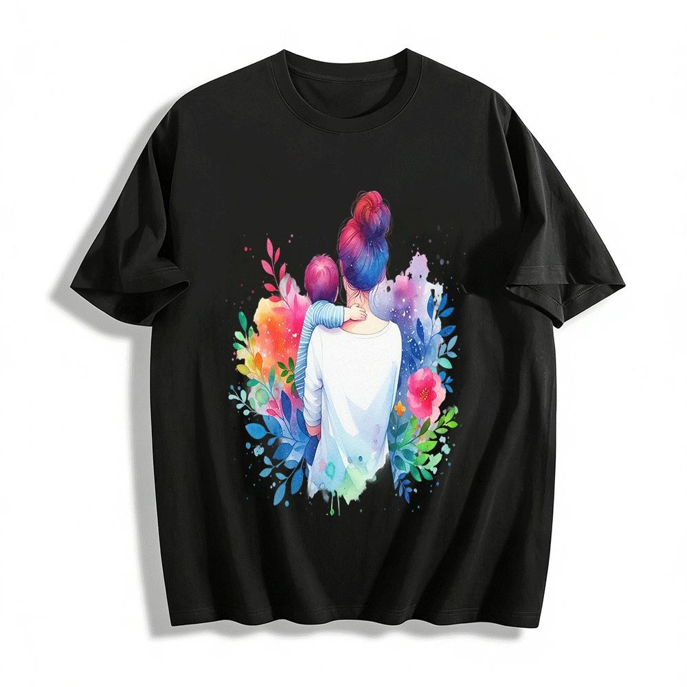 Watercolor Mother And Child Hug Print Casual Top Pure cotton T-shirt XXS