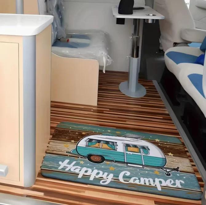 VIKAMA Happy Camping Welcome Doormat Retro Car Pine Tree Pattern Indoor Outdoor Rug Non-Slip Floor Mat Forest Theme Decor Carpet
