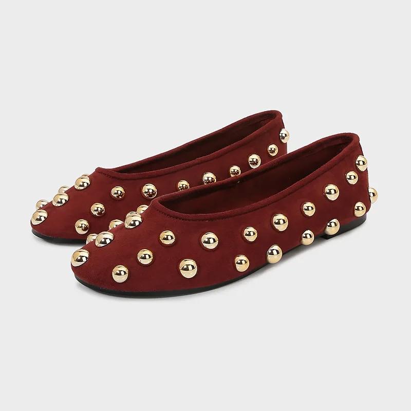 High Quality Faux Suede Mary Jane Flats Luxury Metal Rivet  Ballet Flats Women Light Comfortable Red Women s Loafers 35 коричневый