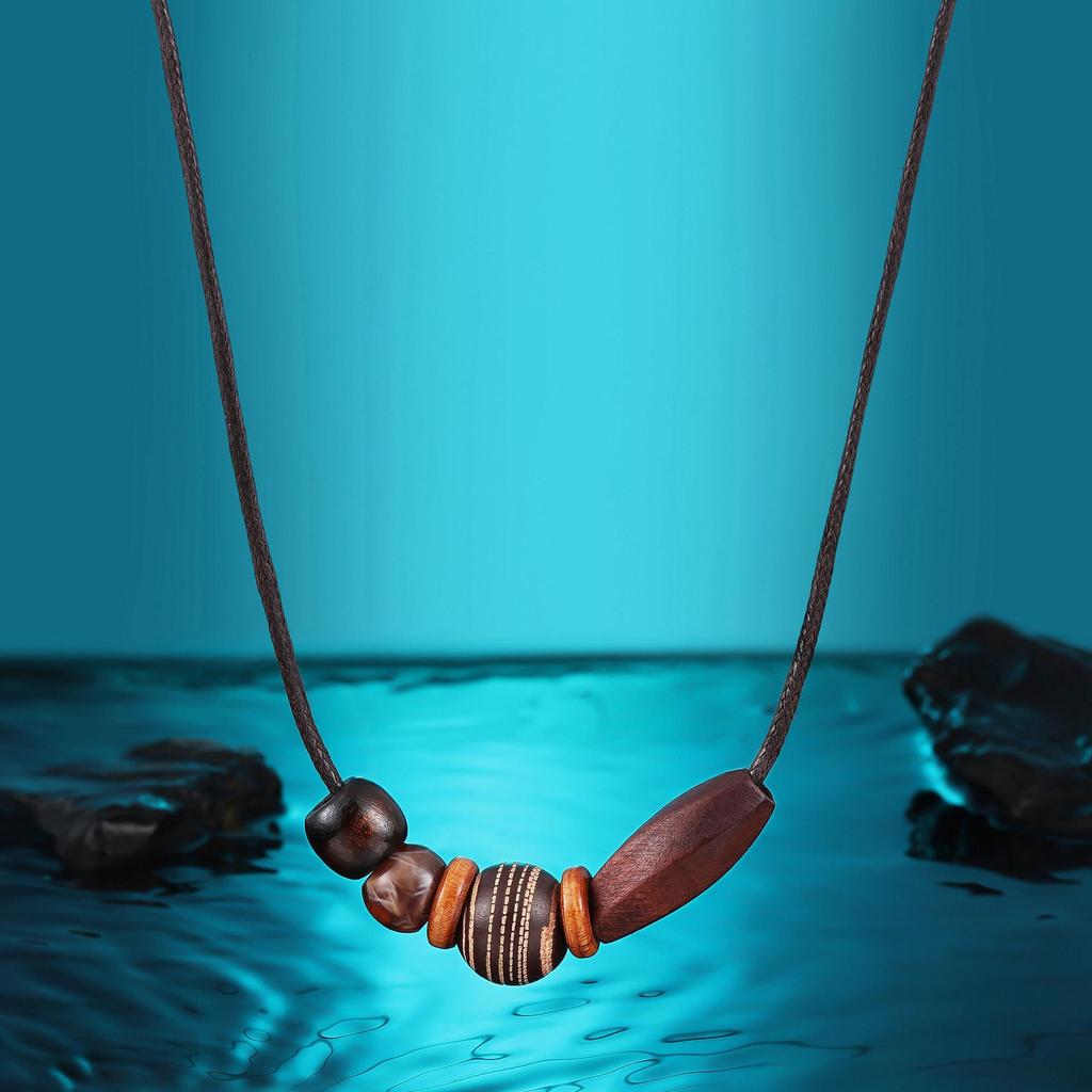 Retro Coffee Pendant Necklace with Wooden Beads - Irregular Long Chain for Women and Men, Chinese Style Fall/Winter Accessory