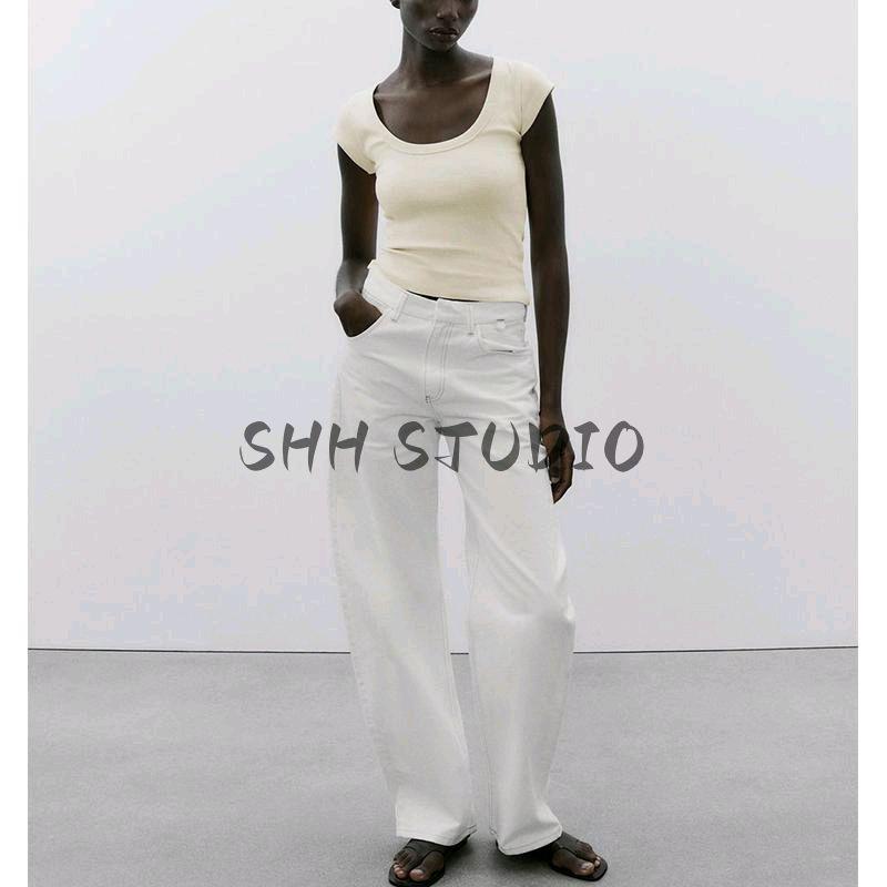 Spring New Women clothes American Style Gyaru Cotton Blended round Neck Super Short sleeve Basic Top 4174320