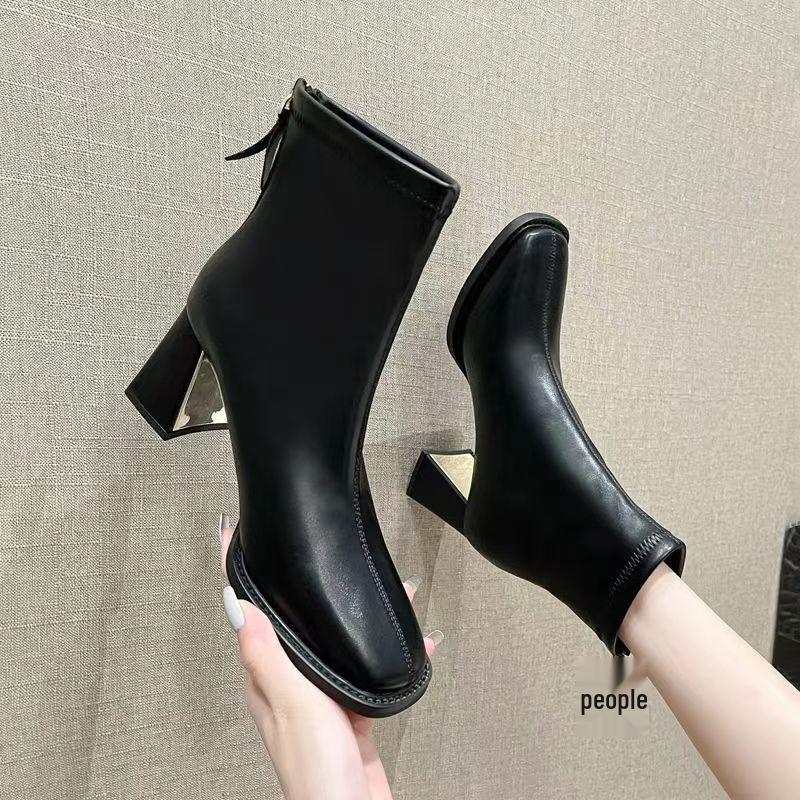 French Style Women's Chunky Heel Square Toe Short Boots - Autumn/Winter Korean Skinny Martin Boots, Fashionable & Versatile.