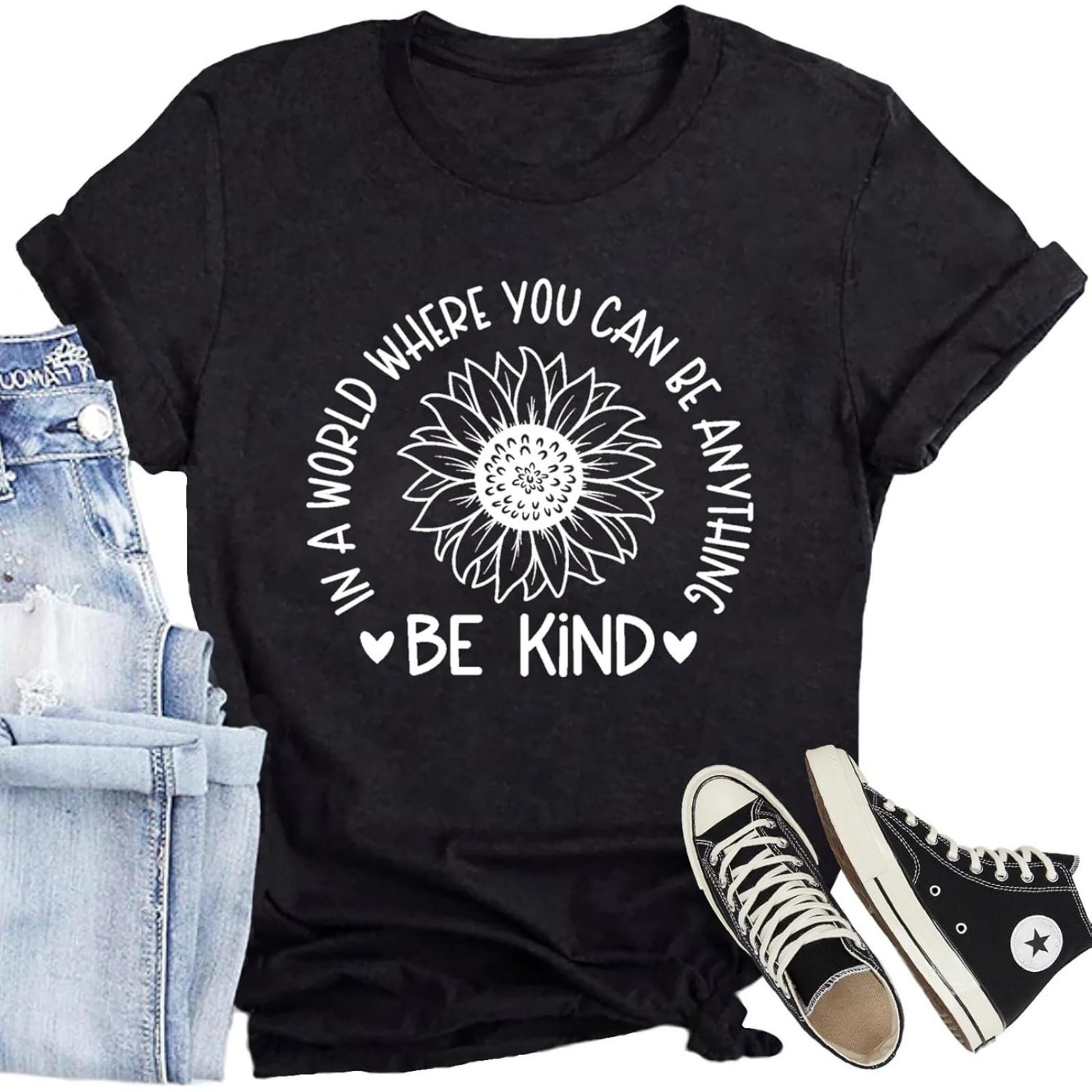

Be Kind Shirt for Women Flower Letter Print Tee Tops Casual Inspirational Kindness T-Shirt XXXXXL різнокольоровий