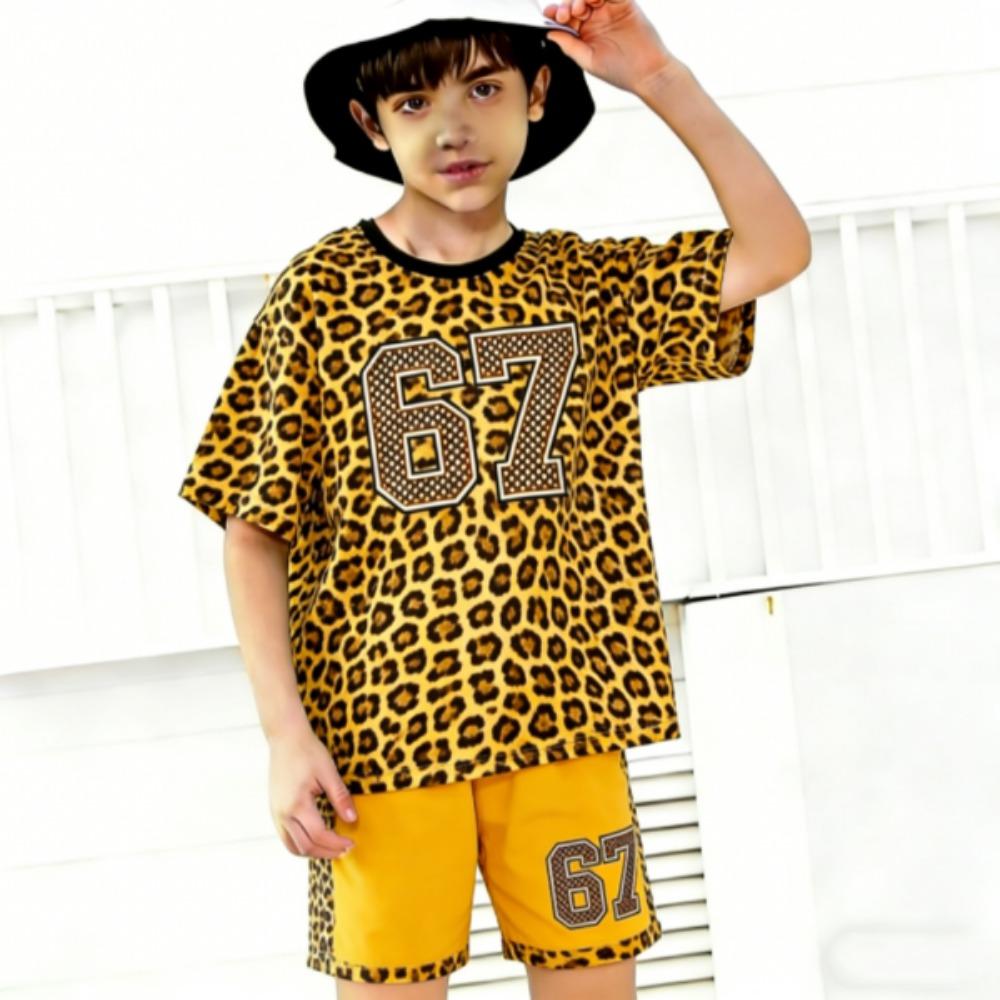Módní Dětský Letní Ležérní Outfit 2dílná Sada s Potiskem Čísla 67 a Leopardím Vzorem pro Kluky a Holky Dětské Oblečení Vrchní díl