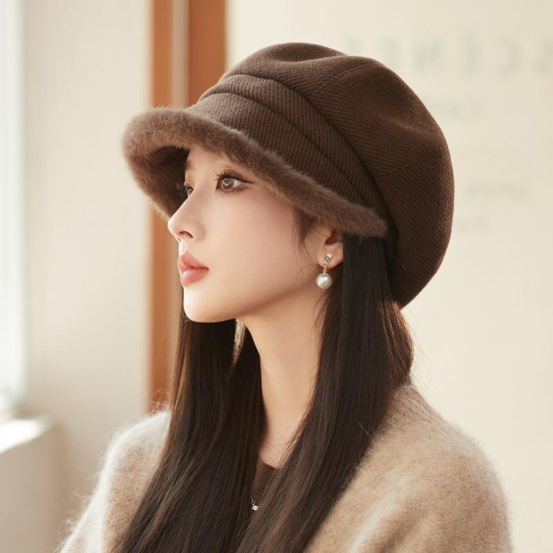 Women's Korean-Style Plush Octagonal Painter Hat - British Fashion, Autumn/Winter, Trendy Newsboy Cap