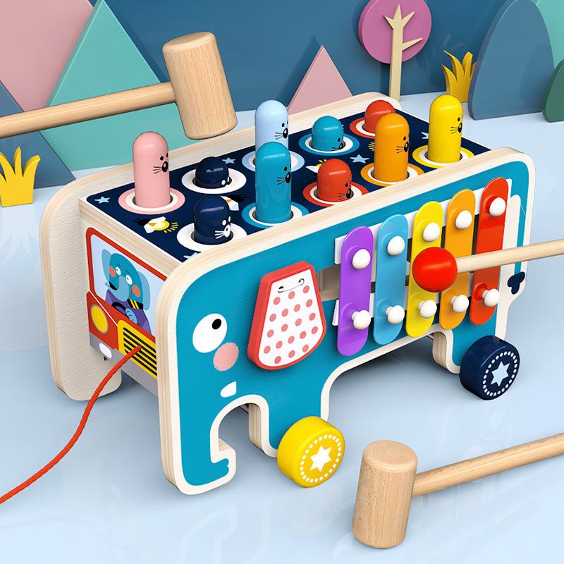 BabyToys bebe Bambini Piccoli Gioco Divertente in Legno Attività Montessori Giocattoli Per Bambini Elefante Che Colpisce Whack-A-Mole Martello Battente