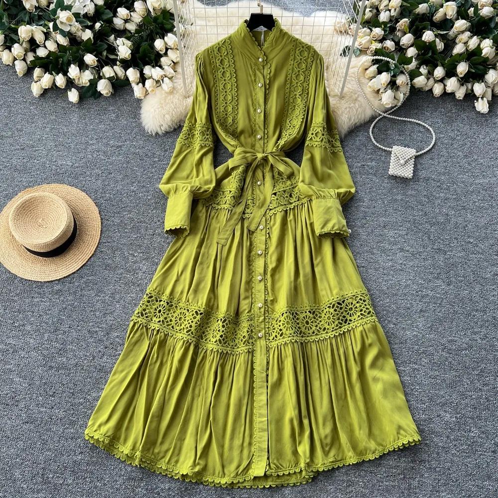 Harajuku Stand Collar Lantern Sleeve Lace Mujer Lace Up Mid-length French Style Dresses Patchwork Hollow Out Robe