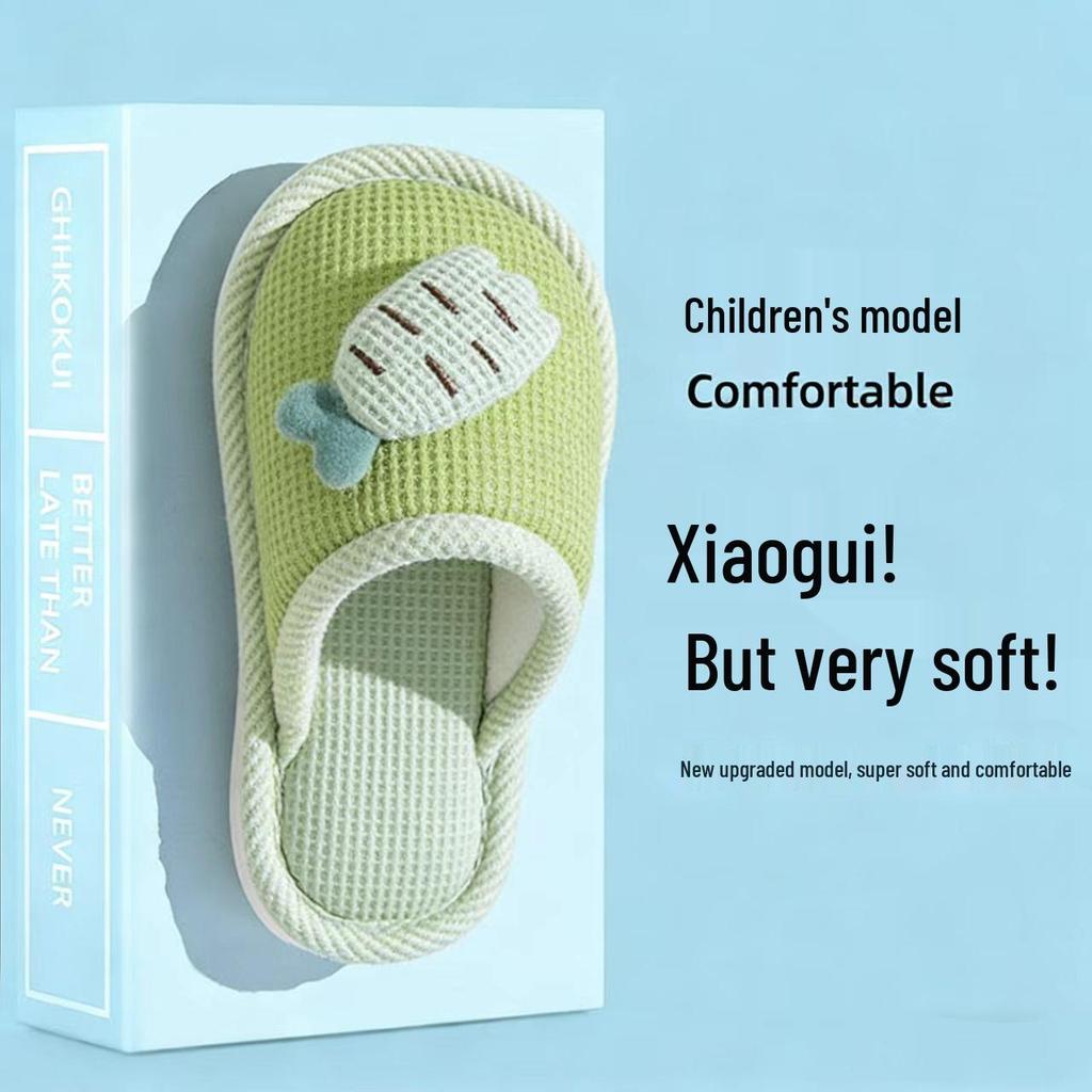 Kids' Radish Rabbit Non-Slip Slippers - Silent Cartoon, Breathable, Linen, Autumn Winter Indoor Shoes for Girls & Parent-Child Matching