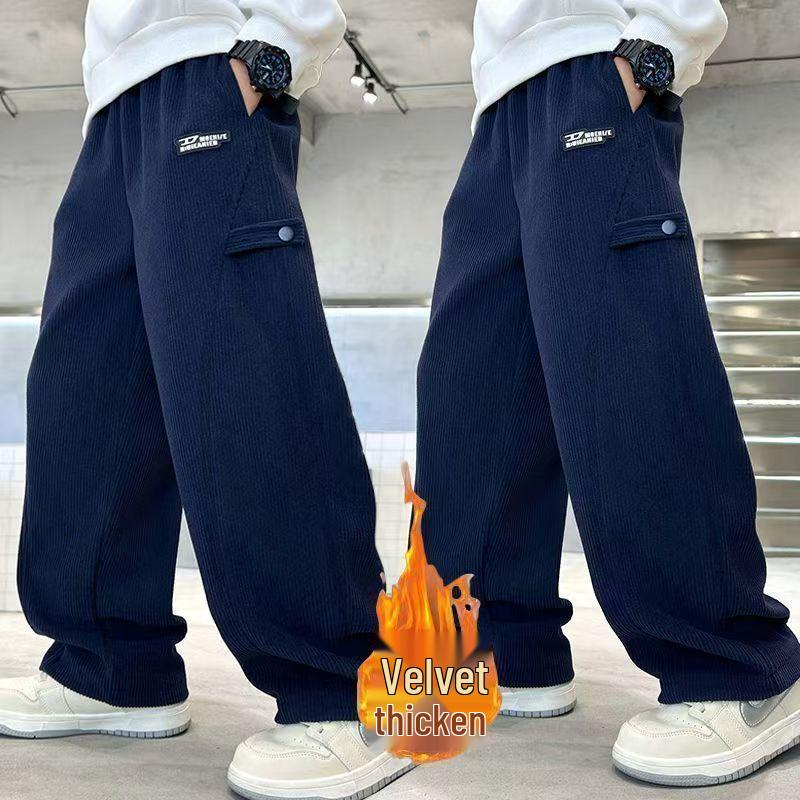 

2025 Boys Velvet-Lined Corduroy Pants: New Seasonal Style for Medium and Big Kids 120 cm темно-синього кольору