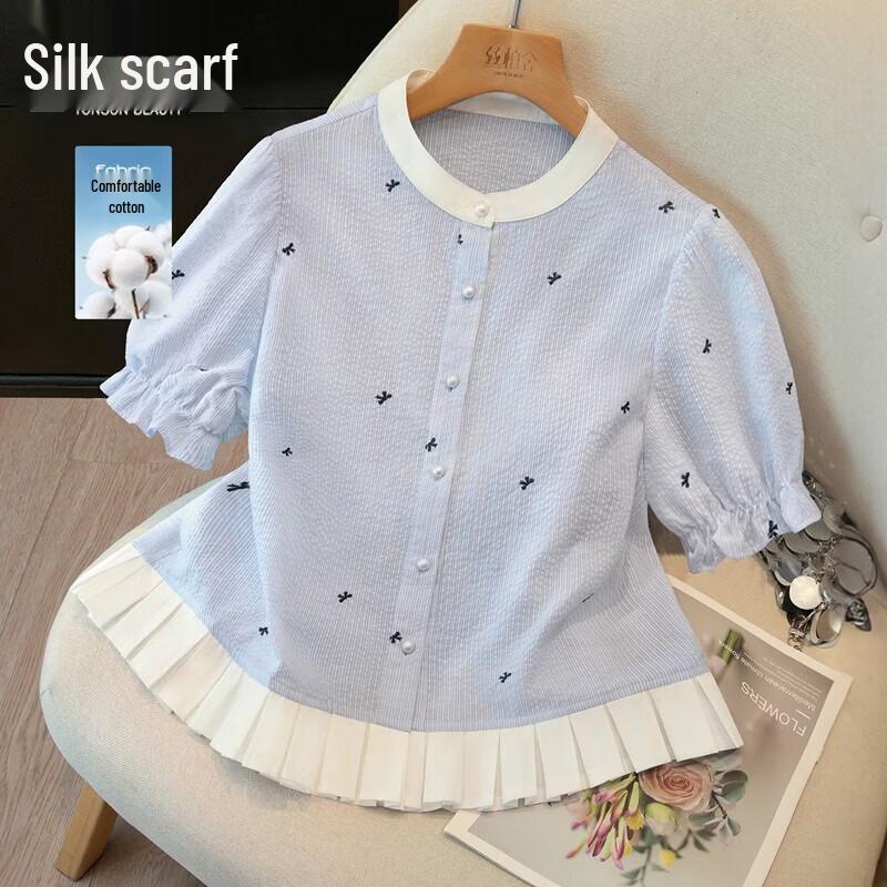 Women s Color Block Puff Sleeve Shirt M