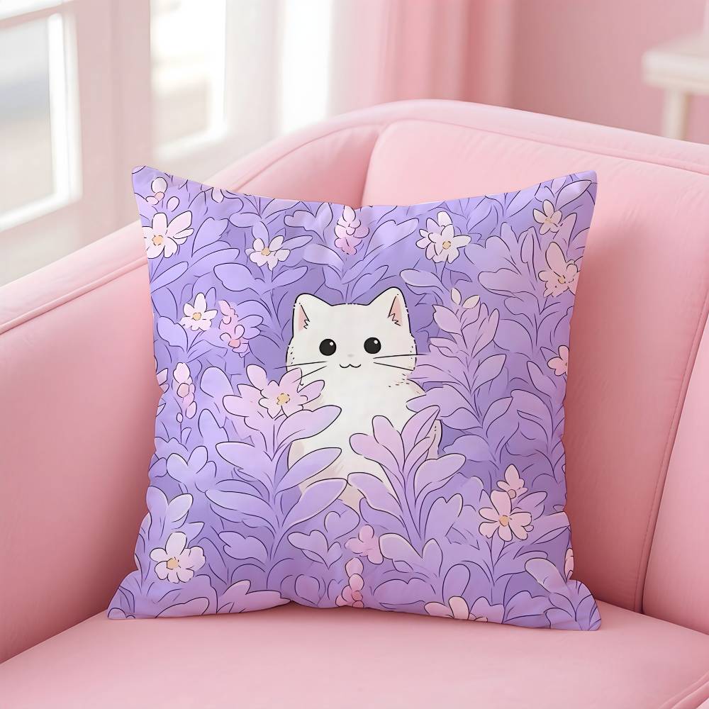 Cat In the Flowers Aesthetic Pillow Case Pattern Printing Pillowcase Living Room Sofa Cushion Cover Bedroom Room Decor