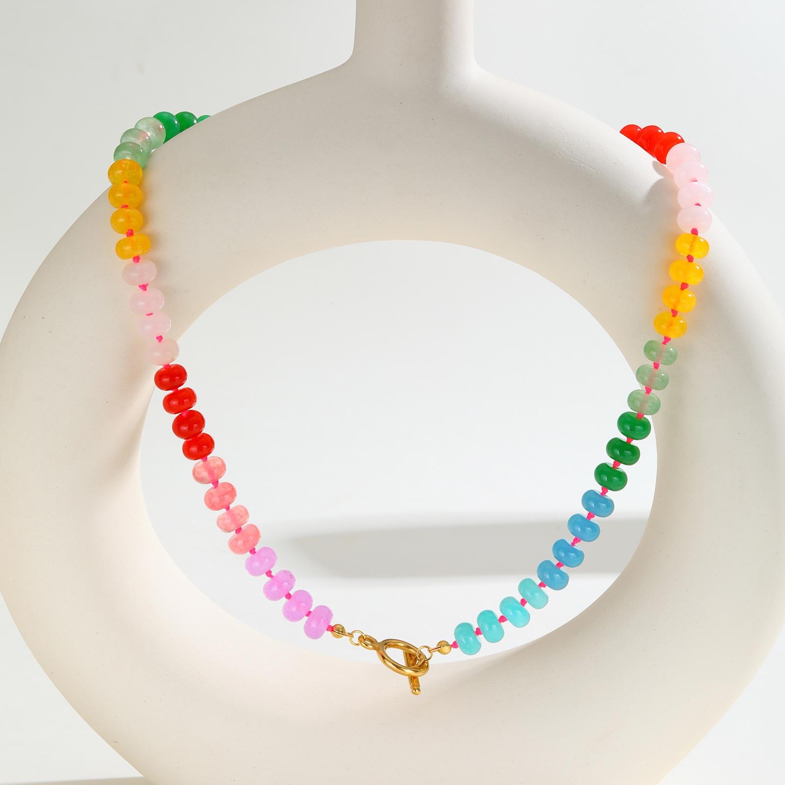

Boho Colorful Natural Stone Necklace for Women, Stainless Steel OT Buckle Rainbow Bead Choker Necklace ,Summer Handmade Jewelry 50cm
