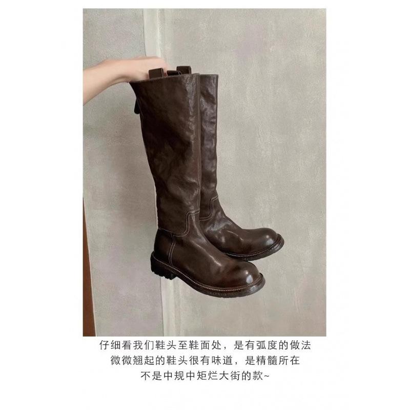 Cowhide Version~ Retro Pleated Thick-soled Long Knight Boots Women's Thin Leather High Boots