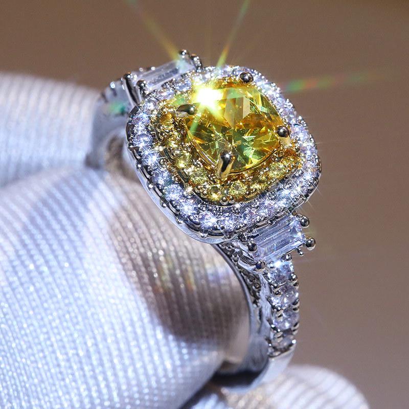New Elegant Yellow Cubic Zirconia Women Rings Luxury Wedding Anniversary Party Lady's  Accessories Bright Fashion Jewelry
