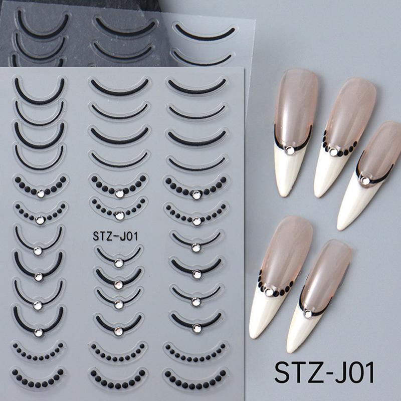 French Tips Nail Sticker 5D Embossed Crystal French Nail Decals Gold Silver Black Line Design Adhesive Slider Nails Art
