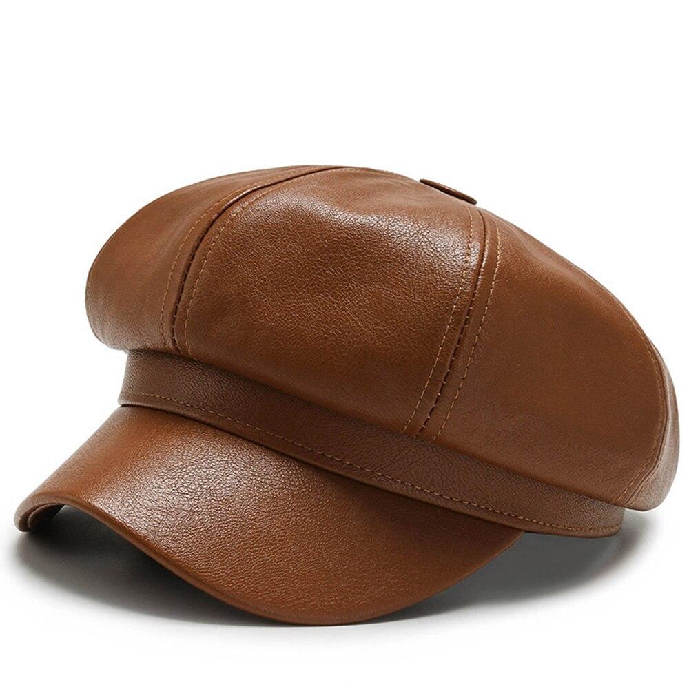 1pc Retro Fashion Women's Pu Leather Octagonal Hat Versatile Autumn And Winter Temperament Big Head Circumference Beret
