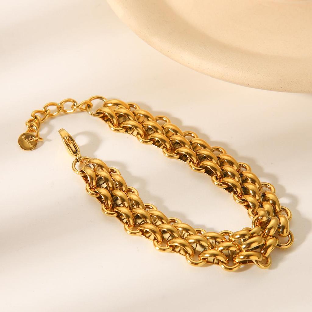 18K Gold Woven Bracelet: European & American Design, Stainless Steel, Women’s Fashion Accessory.