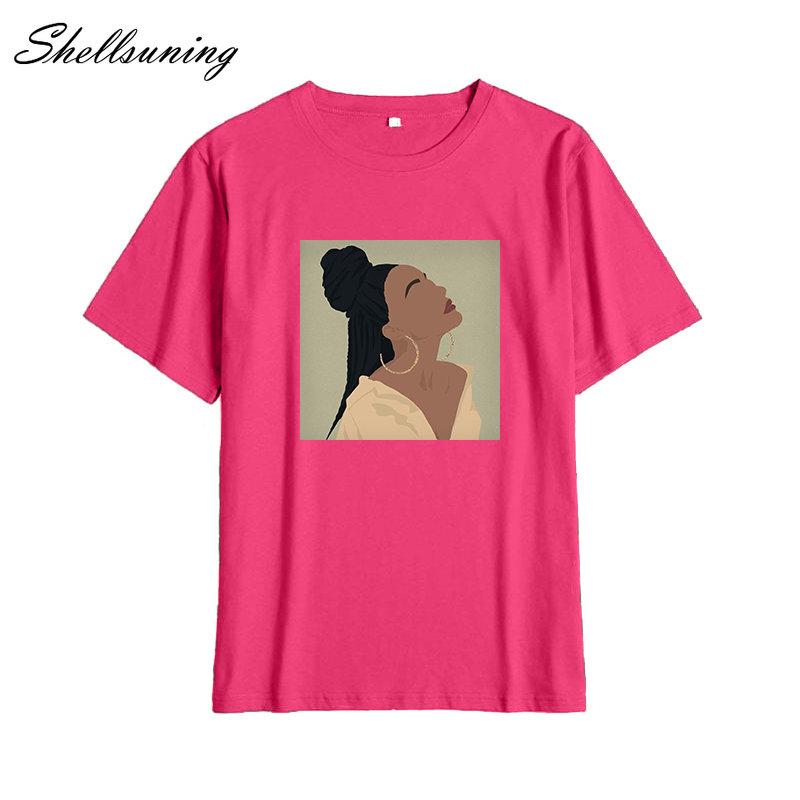 Shellsuning Summer Vintage Printed Cotton T Shirt Women Loose Short Sleeve Trend Tees Female Casual Streetwear All-match Basic Tops