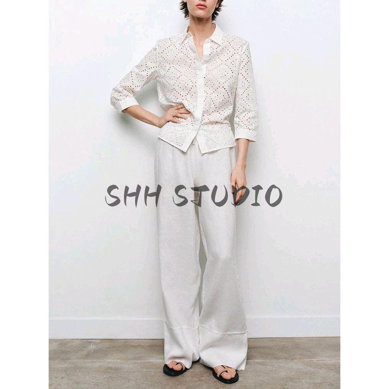 Spring New Women's Clothing Casual Single Row Multi-Buckle Cut Out Embroider Long Sleeves Lapel Shirt 4786075