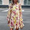 Floral Printed Casual Dress for Women Loose Fit O Neck All Match Long Sleeve