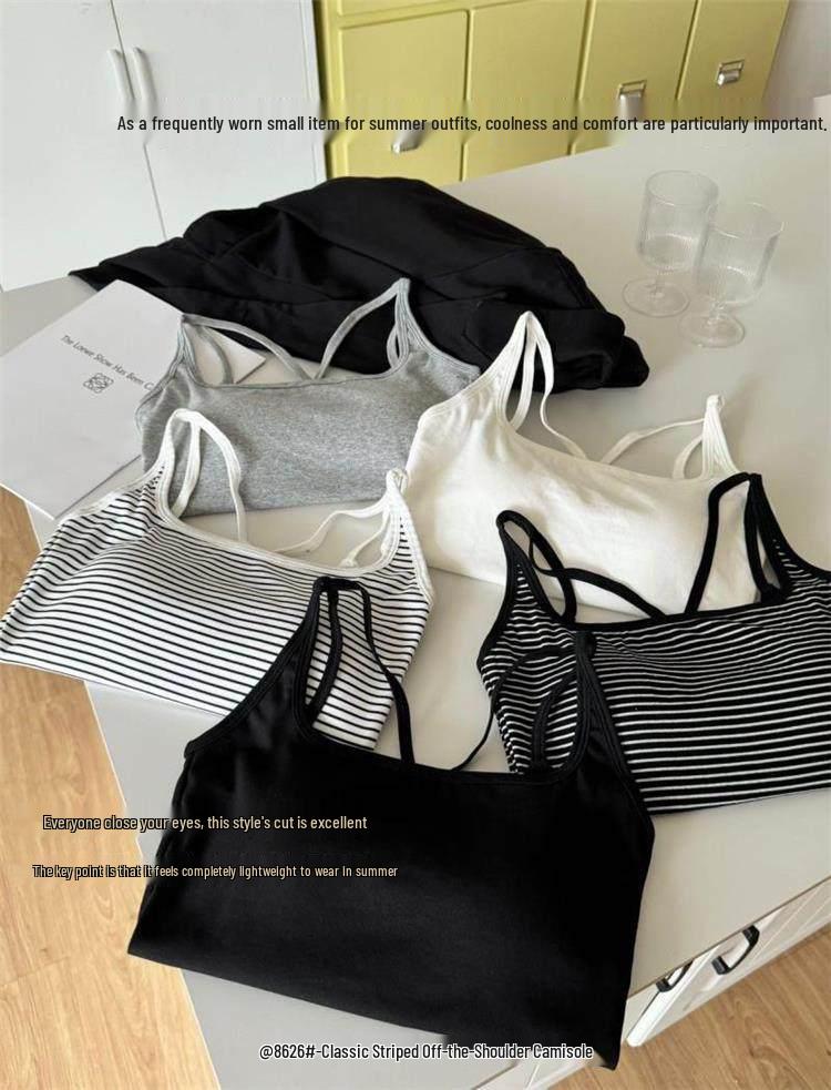 Striped Summer Camisole Vest with Chest Pads – Women's Cross Back Base Layer Outerwear