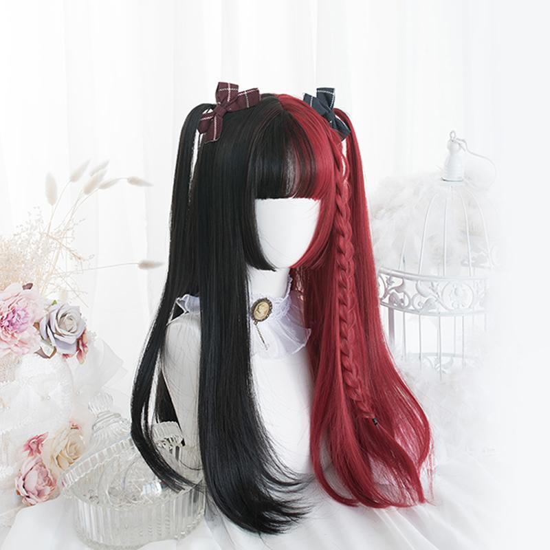 

Красный, черный, блондин, белый, синтетические парики Лолиты для женщин, длинный прямой парик с челкой, Genshin Impact, парик для косплея