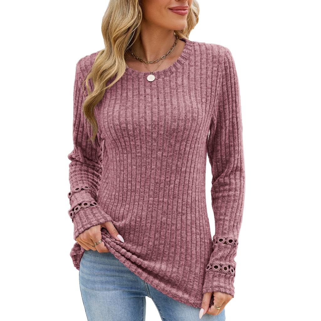 Women's Round Neck Brushed Ribbed Long Sleeve T-Shirt Lace Cuff Loose Solid Color Casual Top Autumn Winter