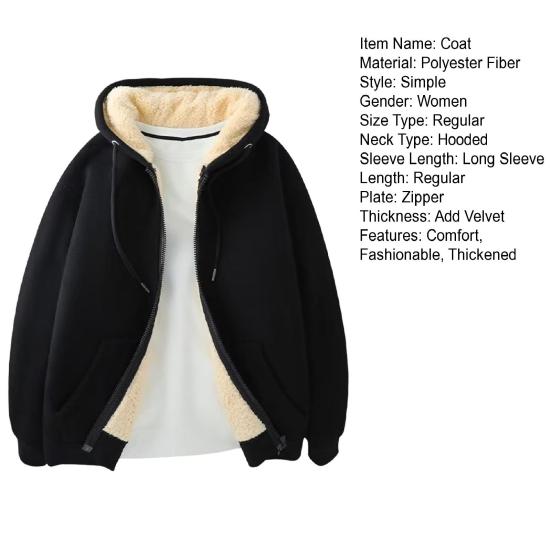 Fleece Thickened Hoodies Women Solid Color Zip Up Warm Lined