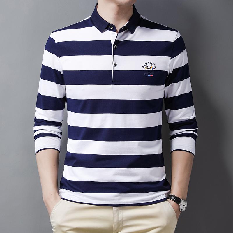 Neues Sommerstreifen-Stickerei Herren Streetwear Polohemd Baumwolle Freizeit Oberteil Mode Street Langarm Herrenbekleidung