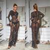 European & American Fashion Women's Solid Color Mesh Long Sleeve Maxi Dress with Hot Drill Details