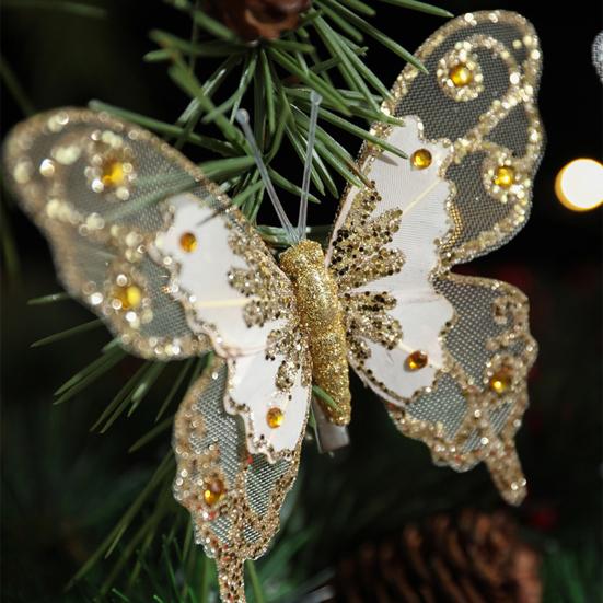 3 Pcs Glitter Sequins Butterfly Ornament Artificial Butterfly Christmas Decoration with Clips for Christmas Tree Wreath Holiday Decoration