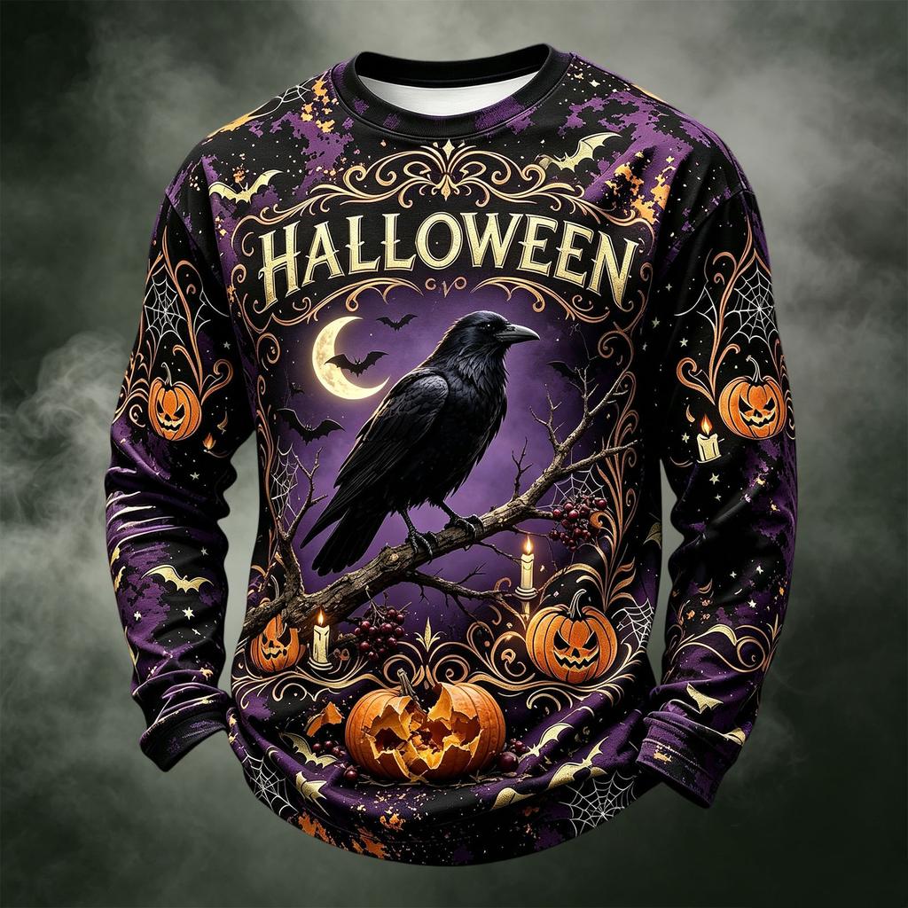 Men's Casual Long Sleeve Crewneck Knit Shirt with Halloween Print