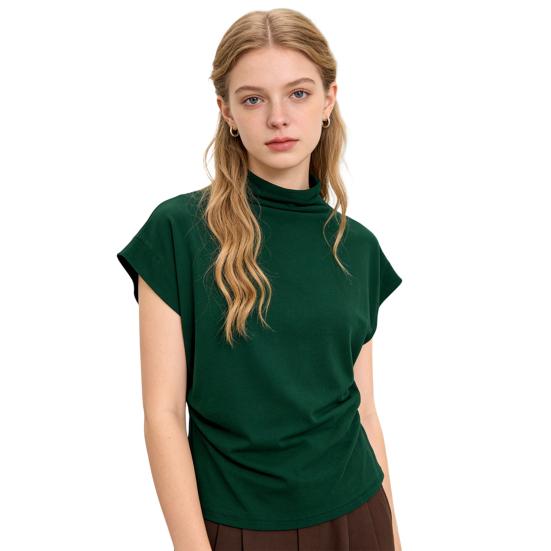 

Women T-shirt Turtleneck Batwing Short Sleeve Side Shirring Pullover Tops Pure Color Loose Tailoring Casual T-shirt Daily S зелёный