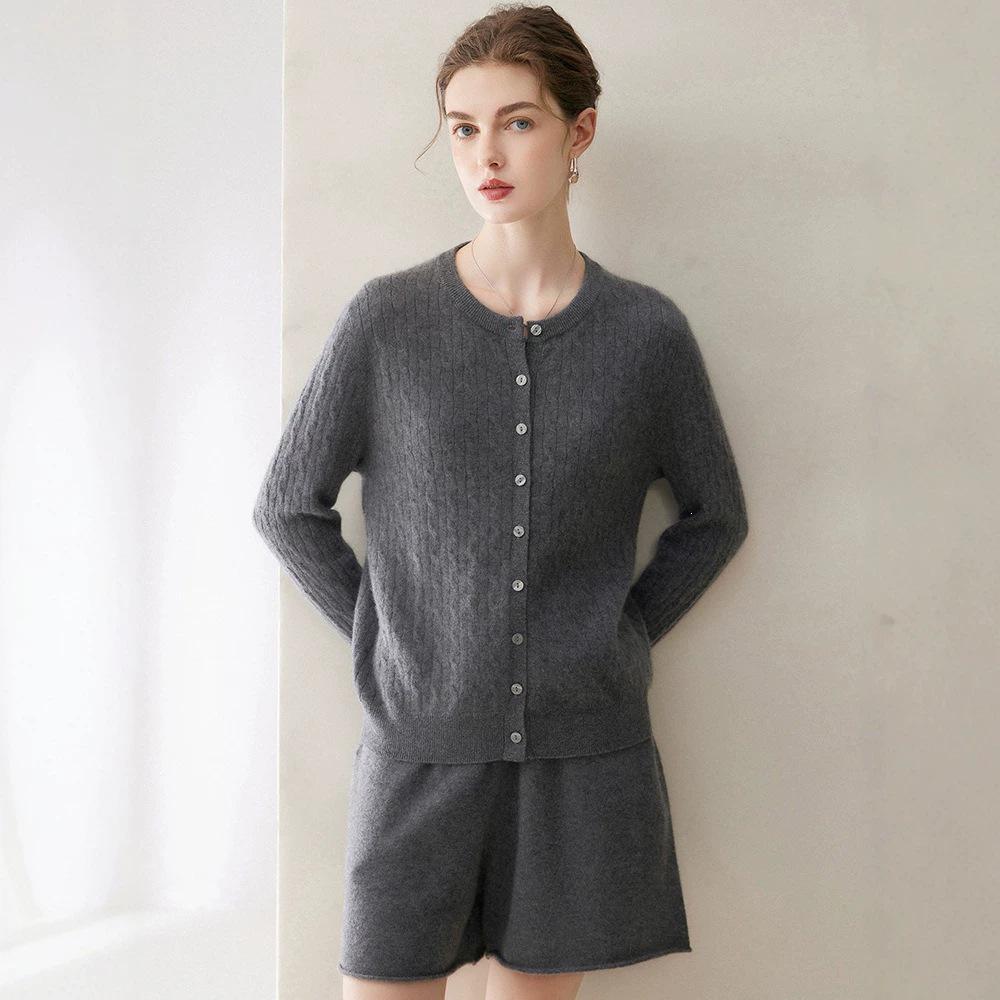 Women's Pure Cashmere Cardigan - Round Neck, Solid Color, Loose Fit, Long Sleeve Knit Sweater