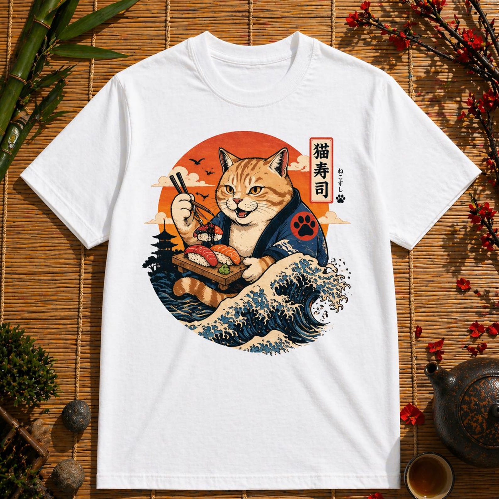 Cat Sushi Wave Tee – Japanese Ukiyo Style Graphic T-Shirt L