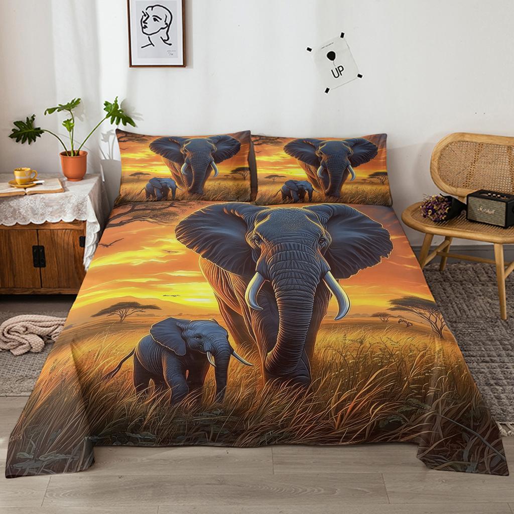 Mother Sunset And Son Elephant 4-Piece Set, Gentle And Wild African Grassland, Suitable For Bedroom Family, Decoration