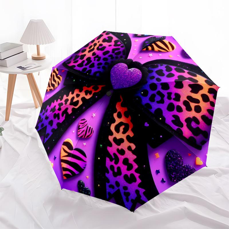 1pc Leopard Print Hearts Automatic Open/Close Umbrella Compact Folding Umbrella, All-Season Portable Umbrella for Women/Men F1124244