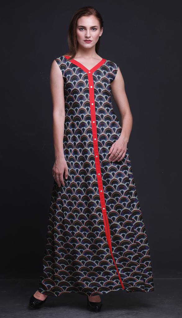 Bimba Black Floral Printed Women Designer Mandarin Collar Anarkali Dress Indian Ethnic Kurta