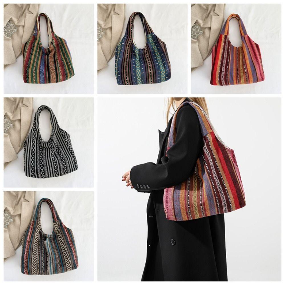 Canvas Bohemian Tote Bag Large Capacity Retro Shoulder Bag Vintage Ethnic Style Handbag  Travel