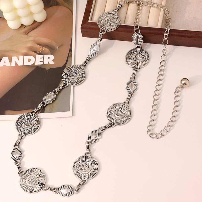 European and American Ancient Gold Blackened Western InS-style Metal Women's Waist Chain with Retro Carvings