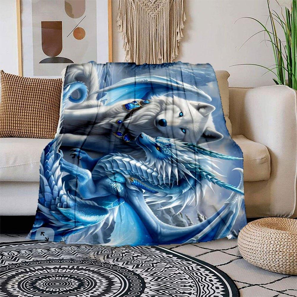 

Blue Dragon and Wolf Fantasy Art Print - Magical Creature Poster Blanket Flannel Throw Blanket for Sofa, Bed, Travel, Camping, Office, Couc 150x180cm