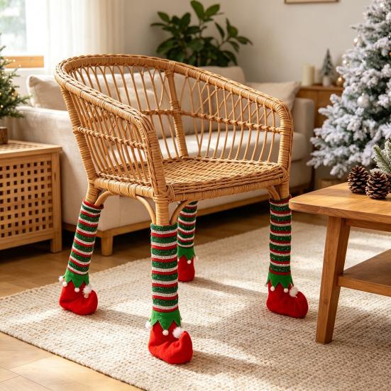 Elastic Felt Pads for Chairs 4 Pcs Christmas Table Chair Leg Covers, Striped Elf Furniture Protectors Scratch Prevention Socks, Floor